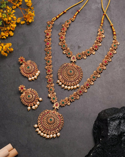 Antique Gold-Plated Dual Necklace Set with Circular Floral Pendants and Matching Jhumkas