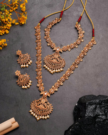Antique Matte Gold Peacock Pendant Necklace Set - Traditional 2-Piece Haram & Choker Combo with Matching Earrings & Pearl Drops