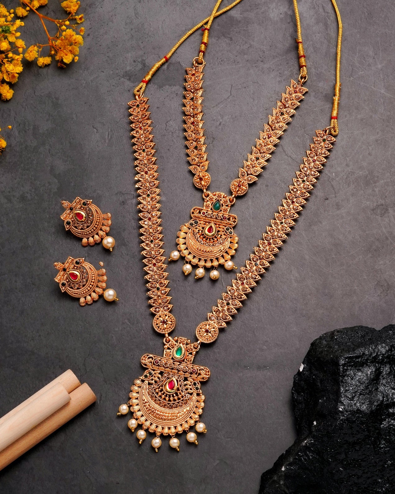 Antique Matte Gold-Plated Chandbali Necklace Set - Traditional 2-Piece Long Haram & Choker Combo with Red & Green Kemp Stones