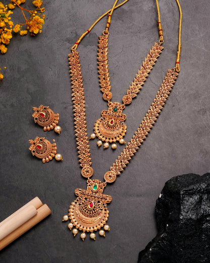 Antique Matte Gold-Plated Chandbali Necklace Set - Traditional 2-Piece Long Haram & Choker Combo with Red & Green Kemp Stones