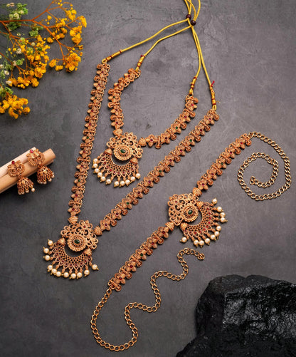 Antique Gold Temple Long Haram Necklace Set with Earrings