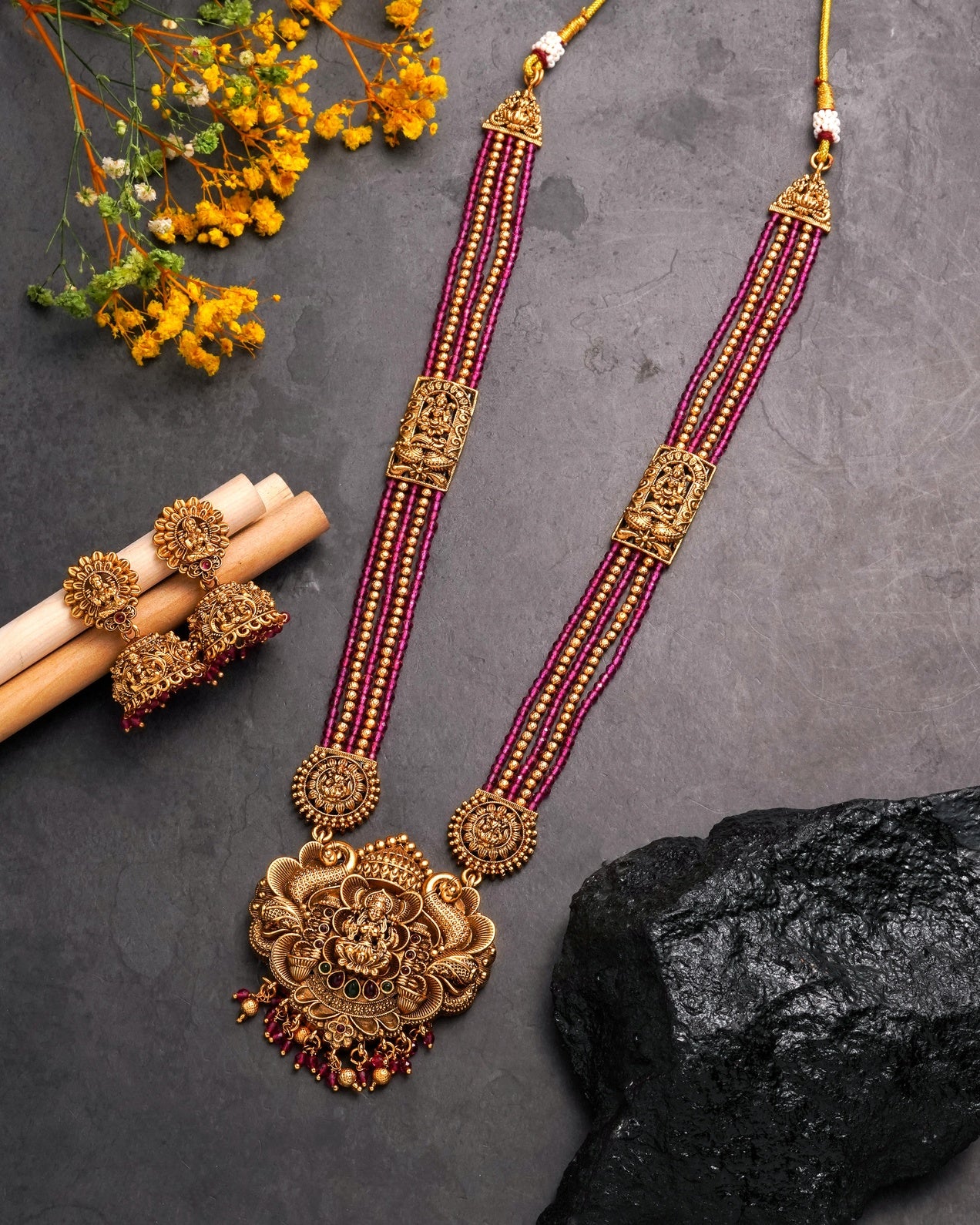 Traditional Antique Gold-Plated Lakshmi Pendant Haram - Ruby Pink Multi-Strand Bead Long Necklace with Matching Jhumka Earrings