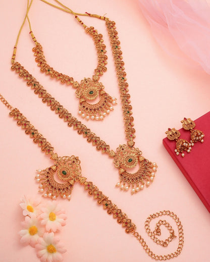 Antique Gold Temple Long Haram Necklace Set with Earrings