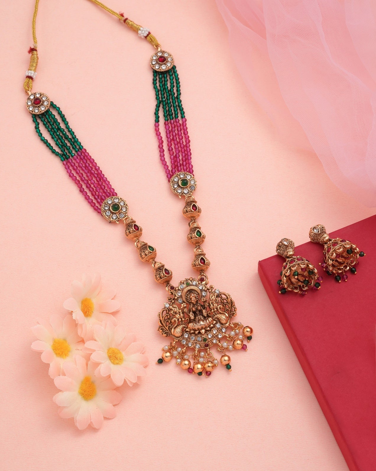 The Goddess Lakshmi Heritage Set: Handcrafted Temple Jewelry Long Haram with Ruby Beads and Traditional Jhumkas