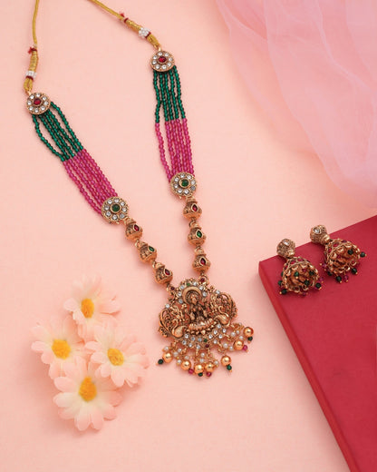 The Goddess Lakshmi Heritage Set: Handcrafted Temple Jewelry Long Haram with Ruby Beads and Traditional Jhumkas