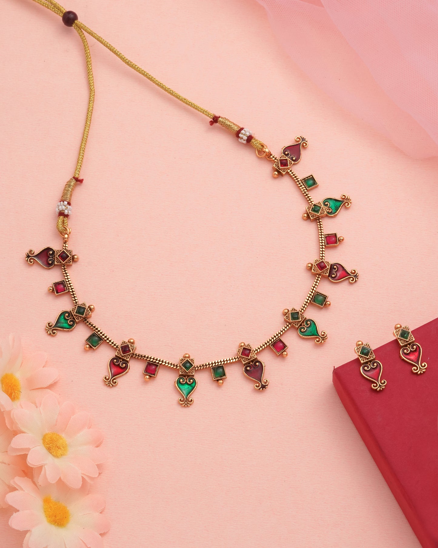 Traditional Gold Tone Paisley Necklace Set with Red & Green Stones