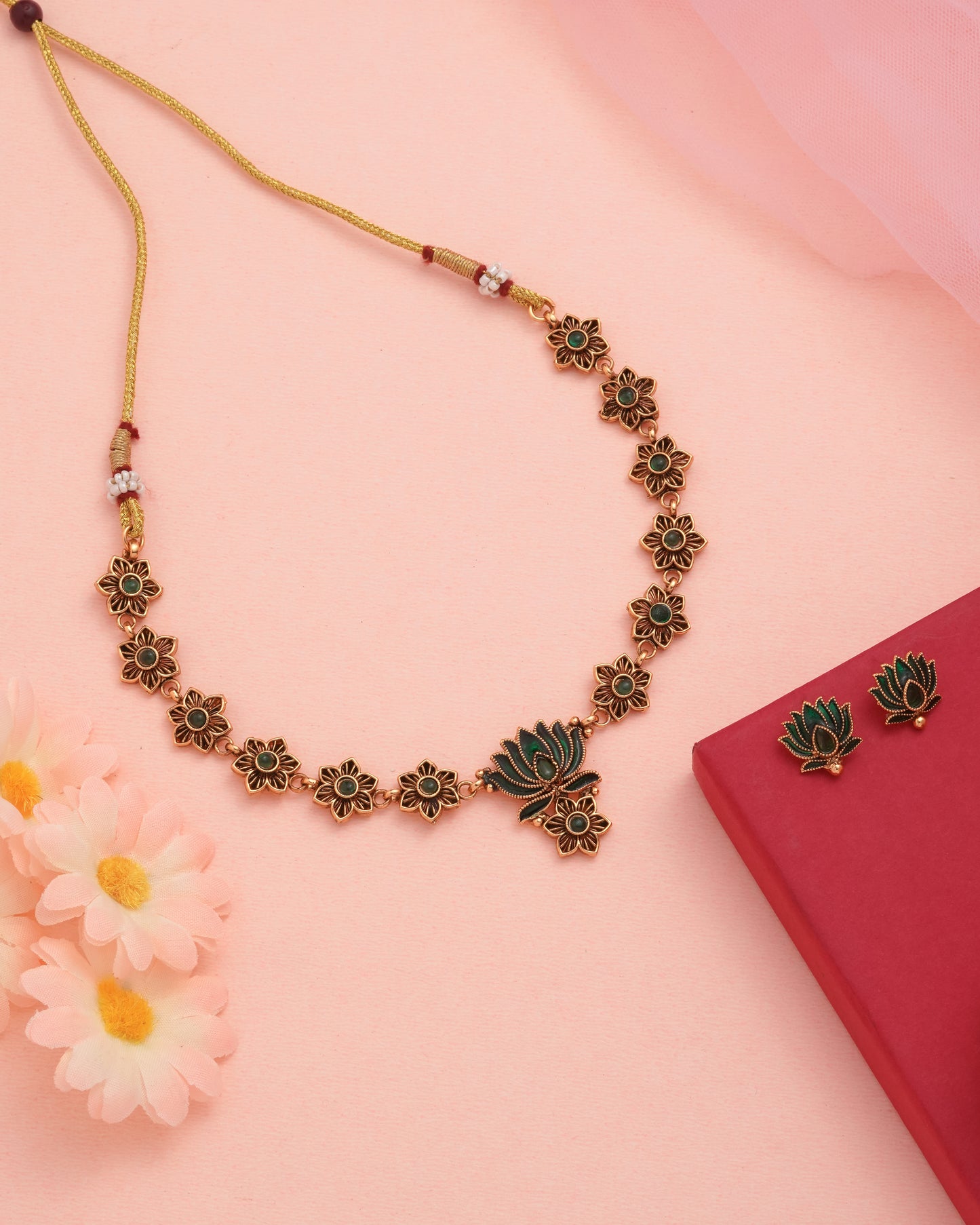 Traditional Gold Tone Floral Necklace Set with Green Stones