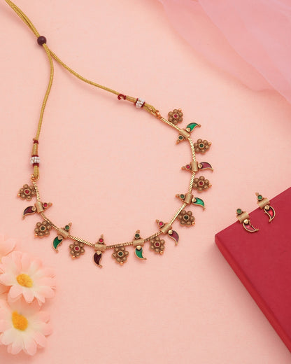 Traditional Gold Tone Floral & Paisley Necklace Set with Green Red Enamel