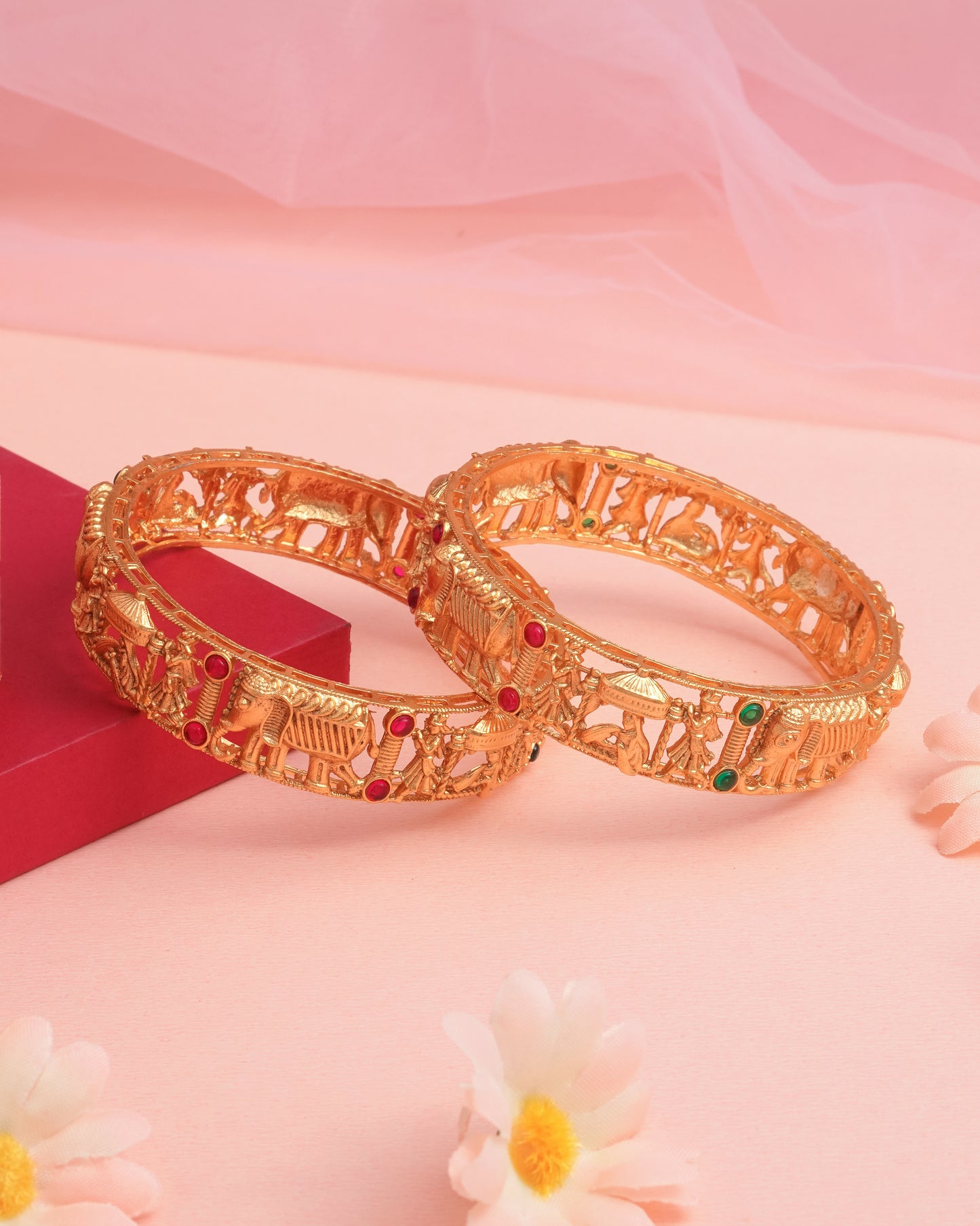 Antique Gold Plated Elephant Procession Temple Bangles - Pair Of 2