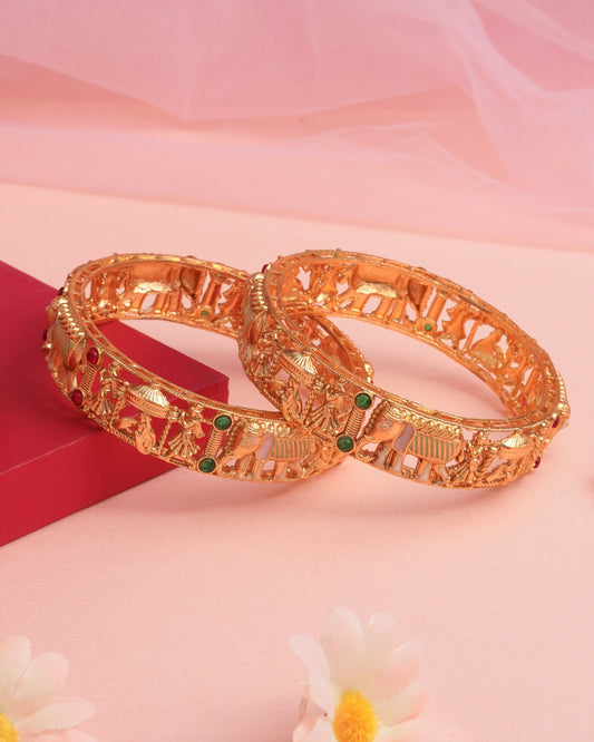 Traditional Elephant Design Gold Bangles with Stone Accents(Set Of 1)
