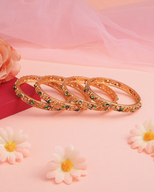 Handcrafted Peacock Motif Bangle Set with Green and Blue Enamel Work - Antique Gold Plated