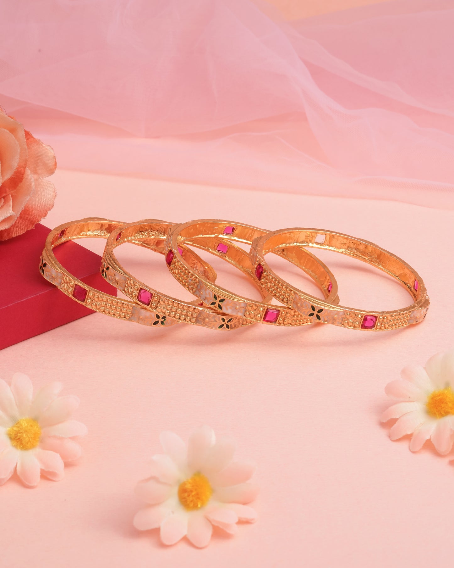 Gold-Plated Enamel Bangles with Ruby Pink Stones - Set of 4