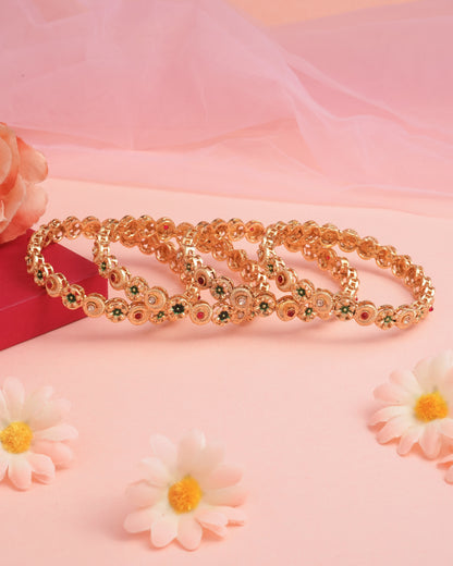 Antique Gold Plated Floral Bangle Set with Red and Green Enamel Accents(Set of 4)