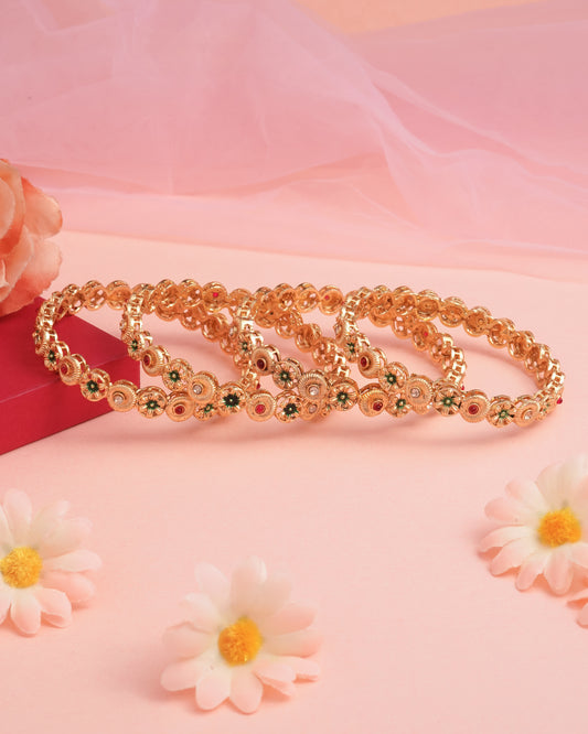 Antique Gold Plated Floral Bangle Set with Red and Green Enamel Accents(Set of 4)