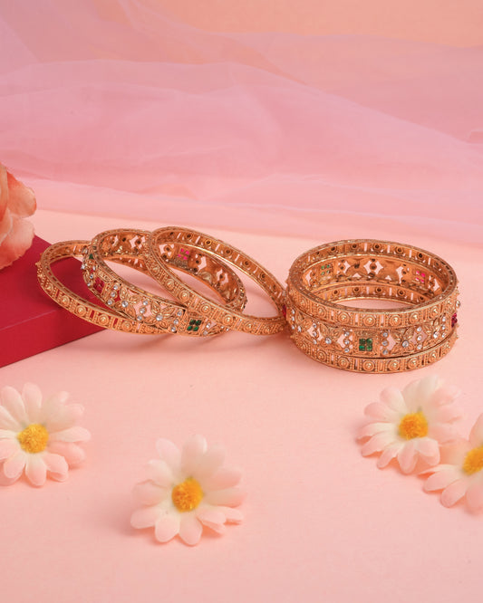 Antique Gold Plated Floral Filigree Bangle Set with Ruby & Emerald Accents