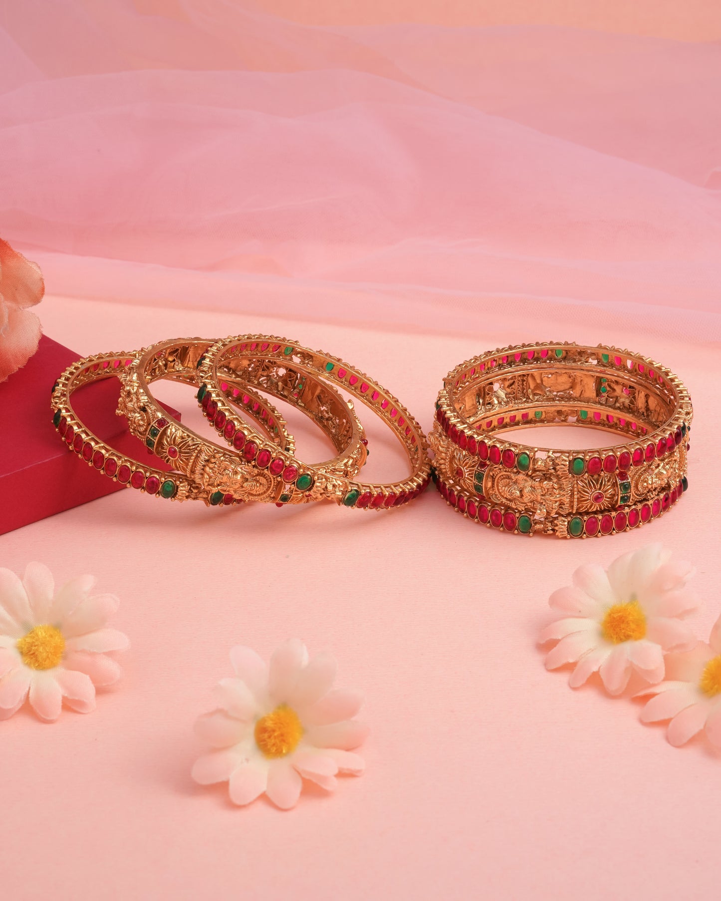 Gold Plated Floral Enamel Bangles with Ruby CZ Accents - Set of 6