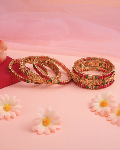 Gold Plated Floral Enamel Bangles with Ruby CZ Accents - Set of 6