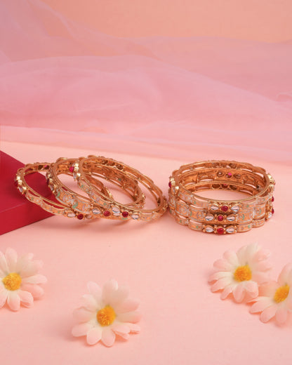 Gold Plated Floral Enamel Bangles with Ruby CZ Accents - Set of 6