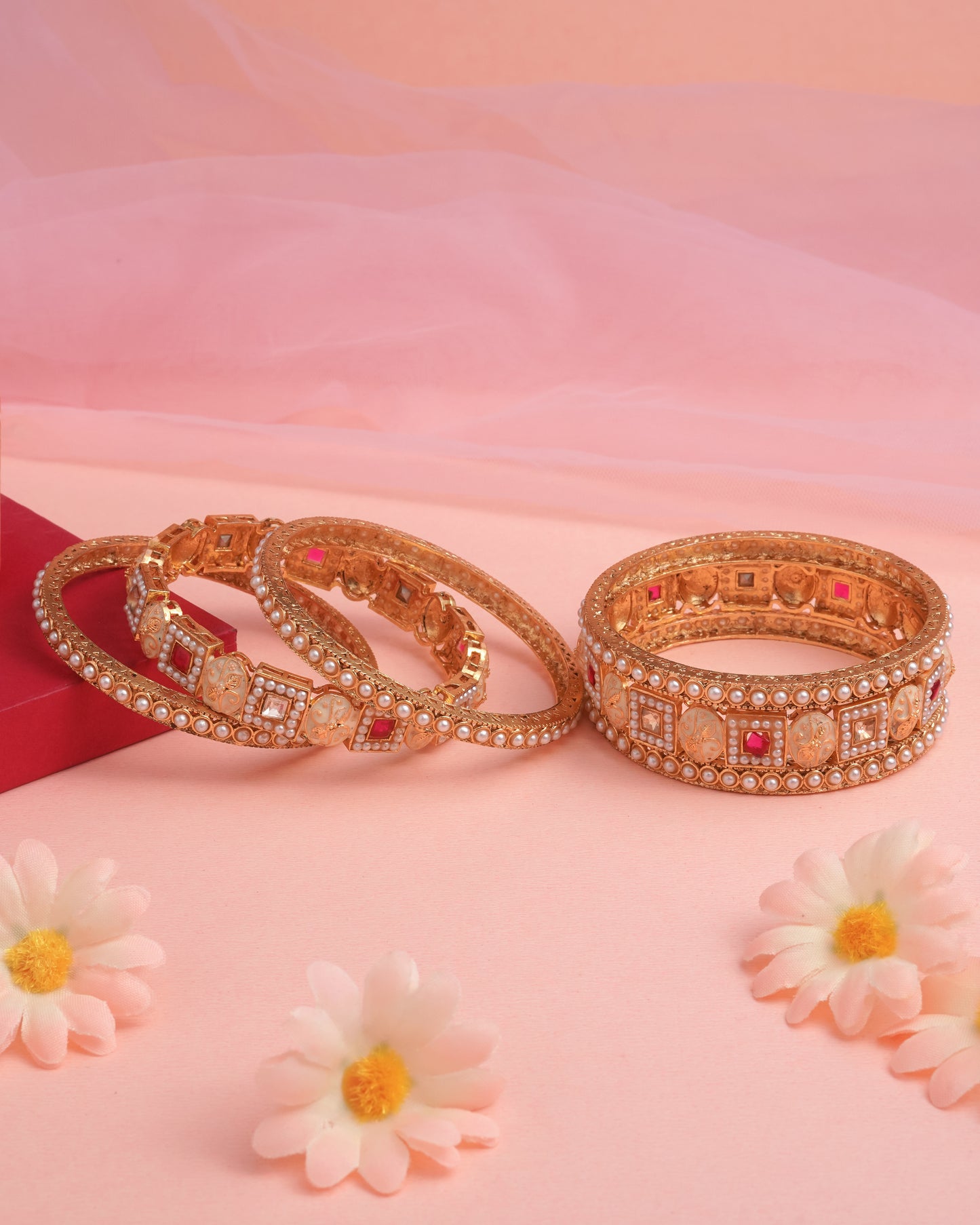 Traditional Gold-Plated Bangle Set with Meenakari Work and Faux Pearls - Set of 6