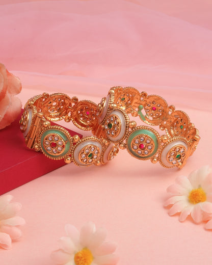 Handcrafted Jadau Meenakari Kada Bangles – Pastel Enamel & Gold Finish (Set of 2)
