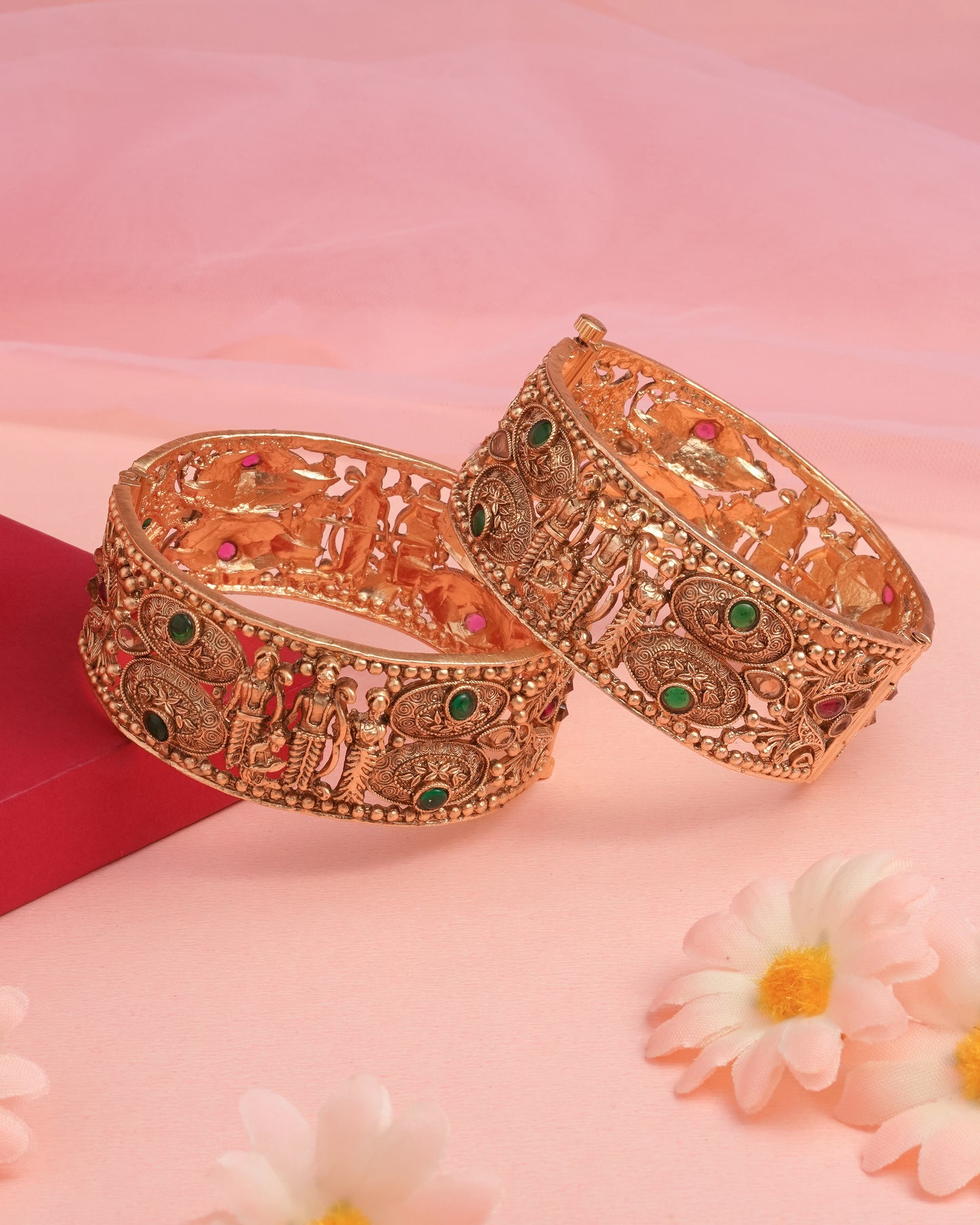 Antique Temple Design Gold-Plated Stone Studded Bangles