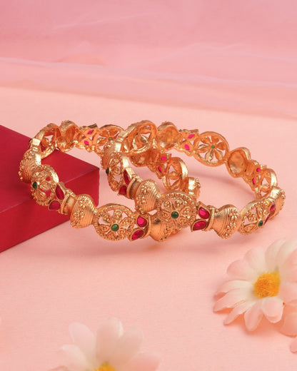 Antique Gold-Plated Temple Kada Bangles with Ruby & Emerald Stones(Set of 2)
