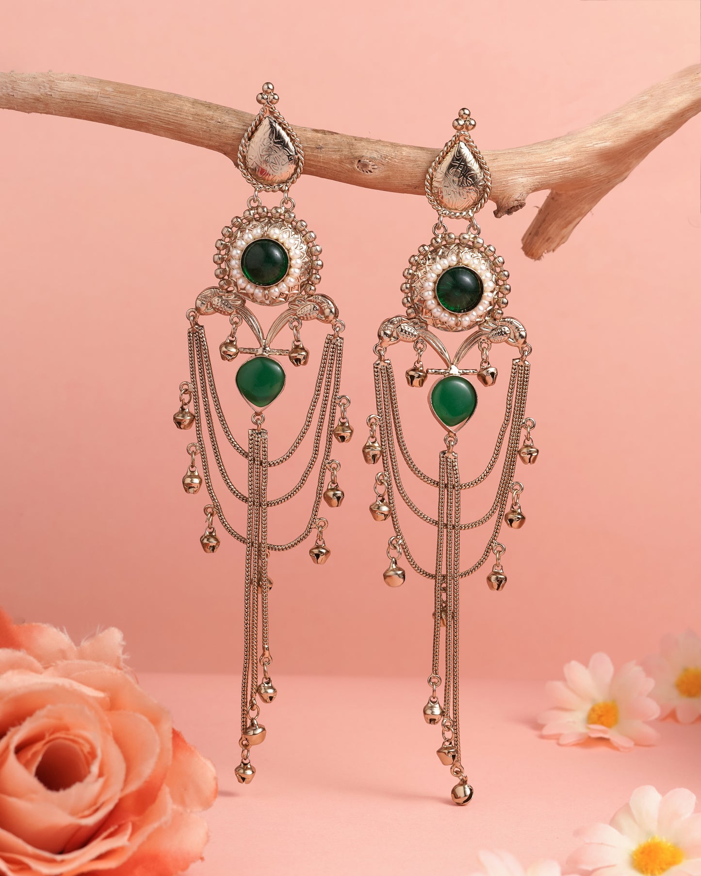 Royal Green Stone Chandbali Earrings with Long Chain Tassels