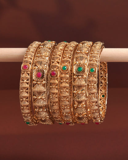 Handcrafted Peacock Motif Bangle Set with Green and Blue Enamel Work - Antique Gold Plated