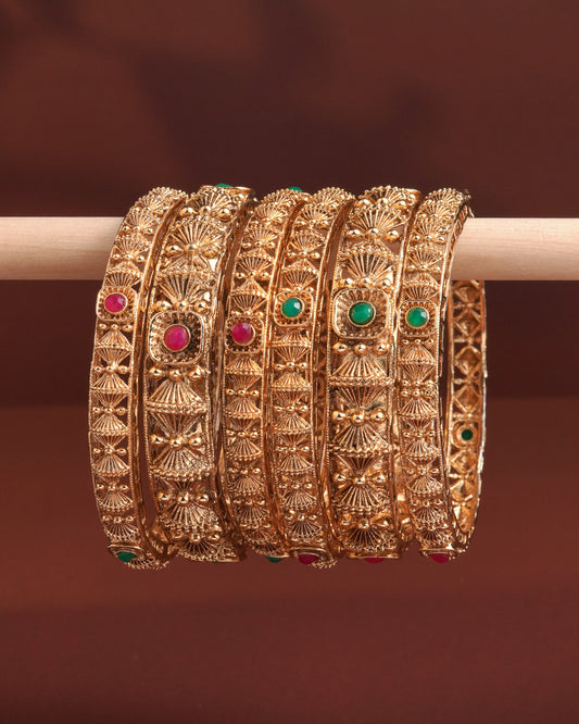 Handcrafted Peacock Motif Bangle Set with Green and Blue Enamel Work - Antique Gold Plated