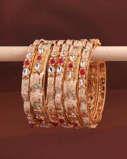 Gold Plated Floral Enamel Bangles with Ruby CZ Accents - Set of 6