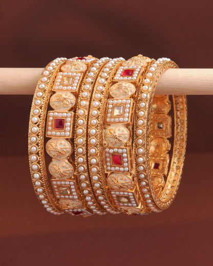 Traditional Gold-Plated Bangle Set with Meenakari Work and Faux Pearls - Set of 6
