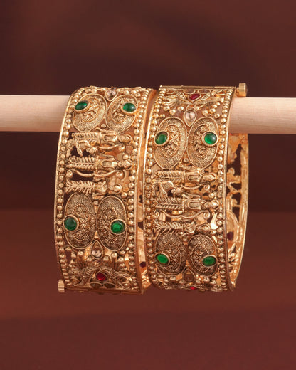 Antique Temple Design Gold-Plated Stone Studded Bangles