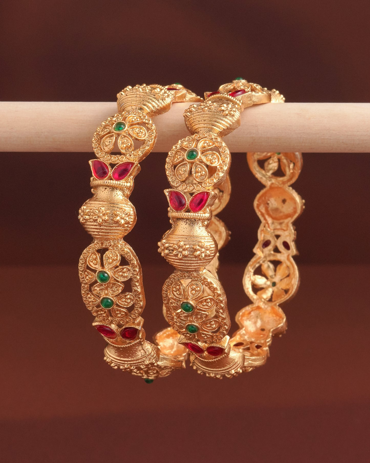 Antique Gold-Plated Temple Kada Bangles with Ruby & Emerald Stones(Set of 2)