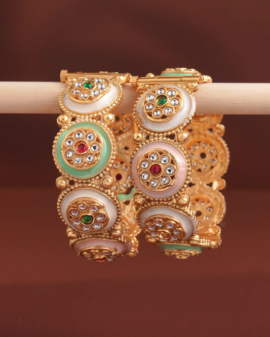 Handcrafted Jadau Meenakari Kada Bangles – Pastel Enamel & Gold Finish (Set of 2)