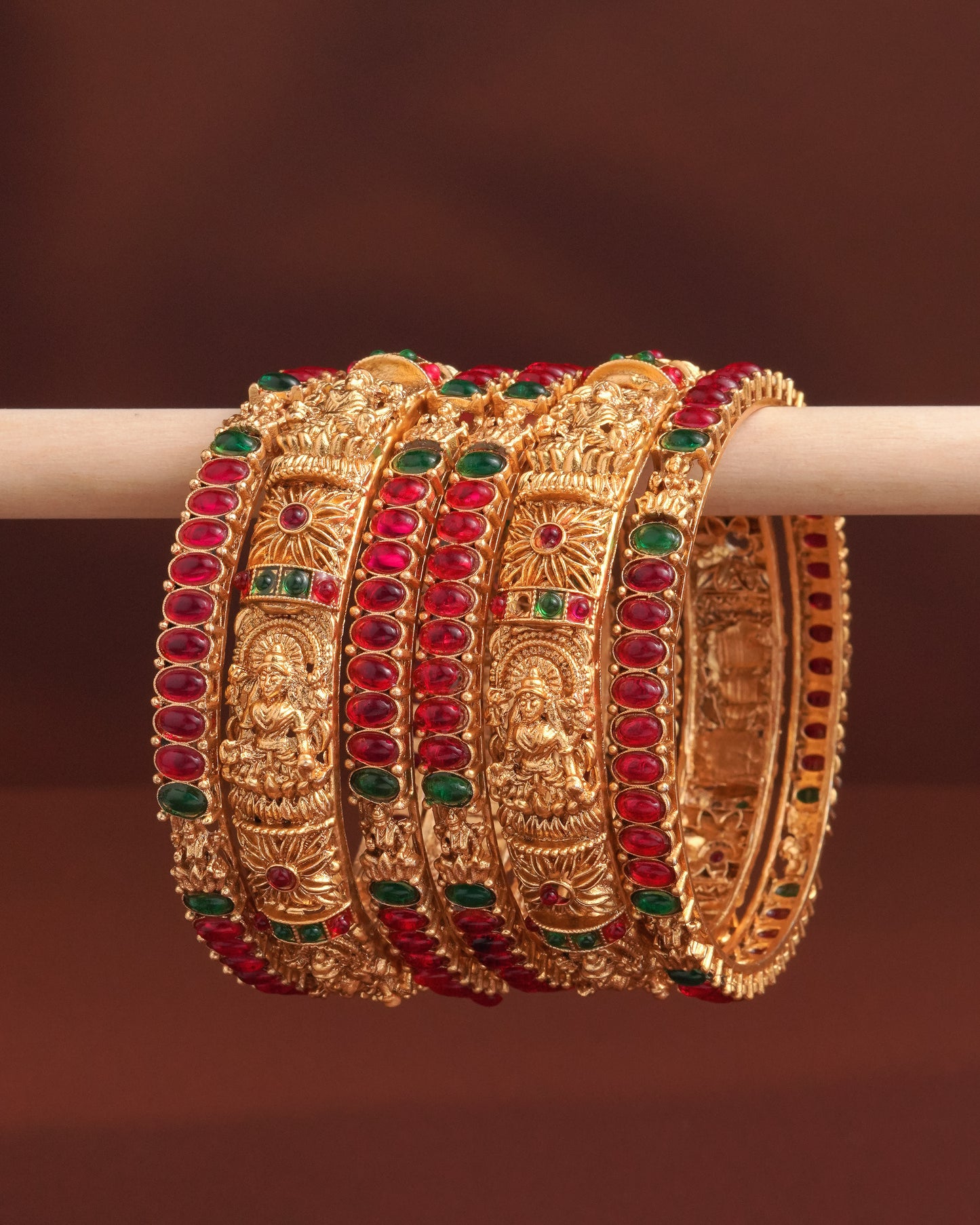 Gold Plated Floral Enamel Bangles with Ruby CZ Accents - Set of 6