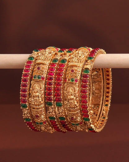 Gold Plated Floral Enamel Bangles with Ruby CZ Accents - Set of 6