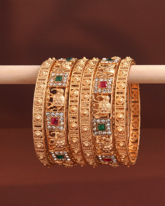 Antique Gold Plated Elephant Motif Bangle Set with Ruby & Emerald Stones(Set Of 6)