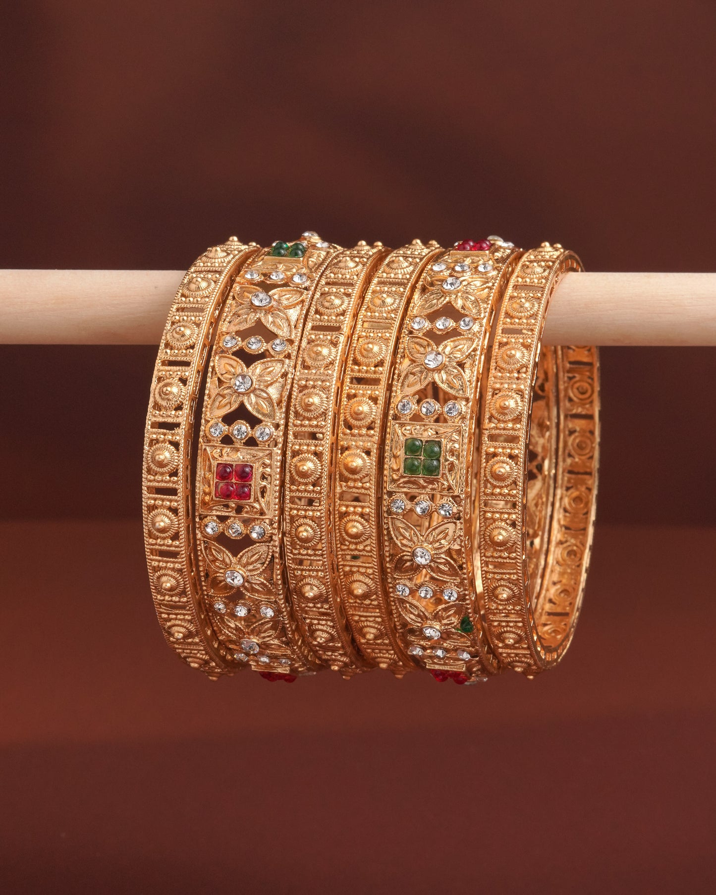 Antique Gold Plated Floral Filigree Bangle Set with Ruby & Emerald Accents