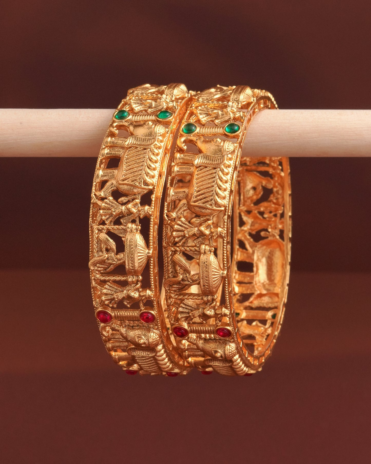 Antique Gold Plated Elephant Procession Temple Bangles - Pair Of 2