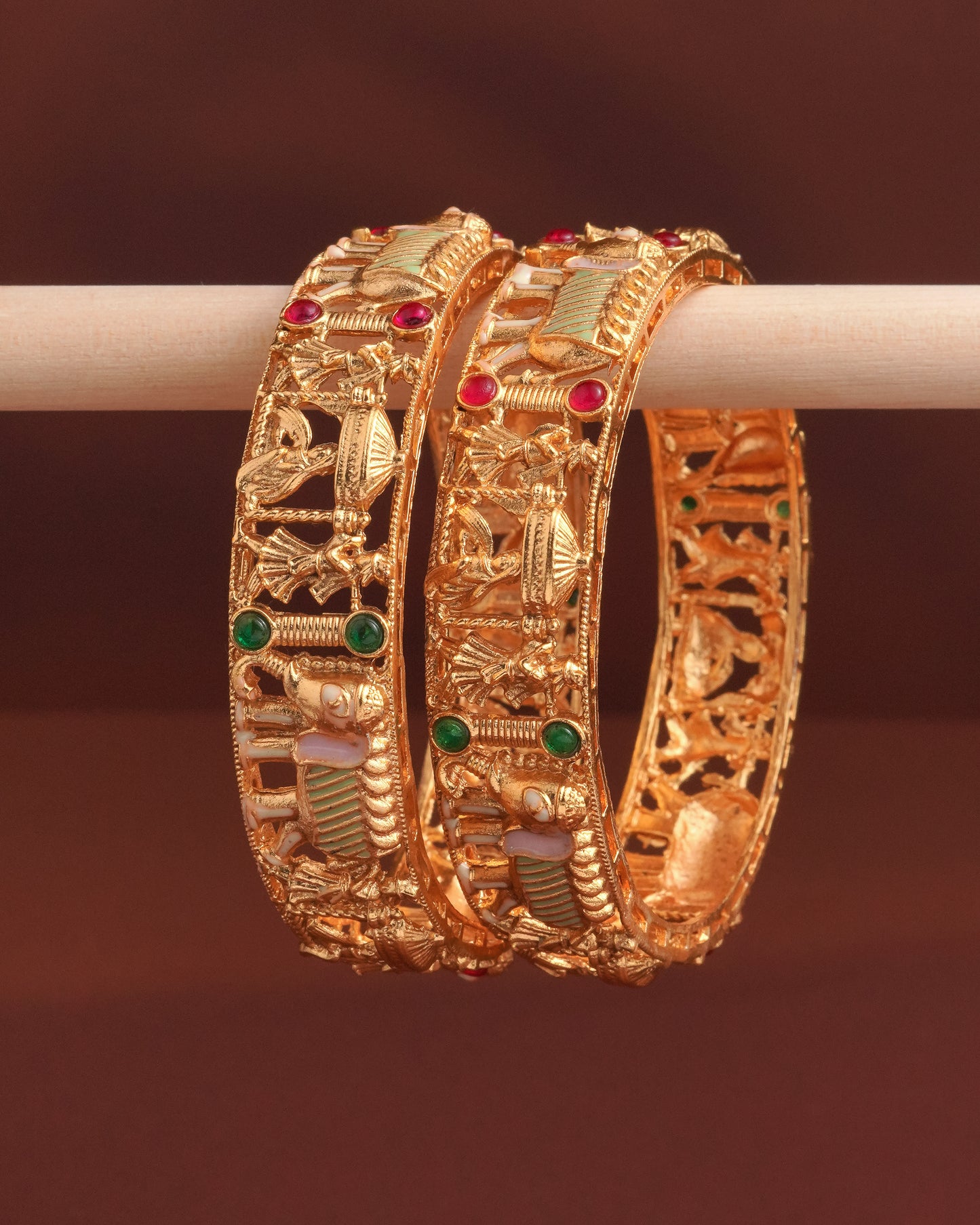 Traditional Elephant Design Gold Bangles with Stone Accents(Set Of 1)