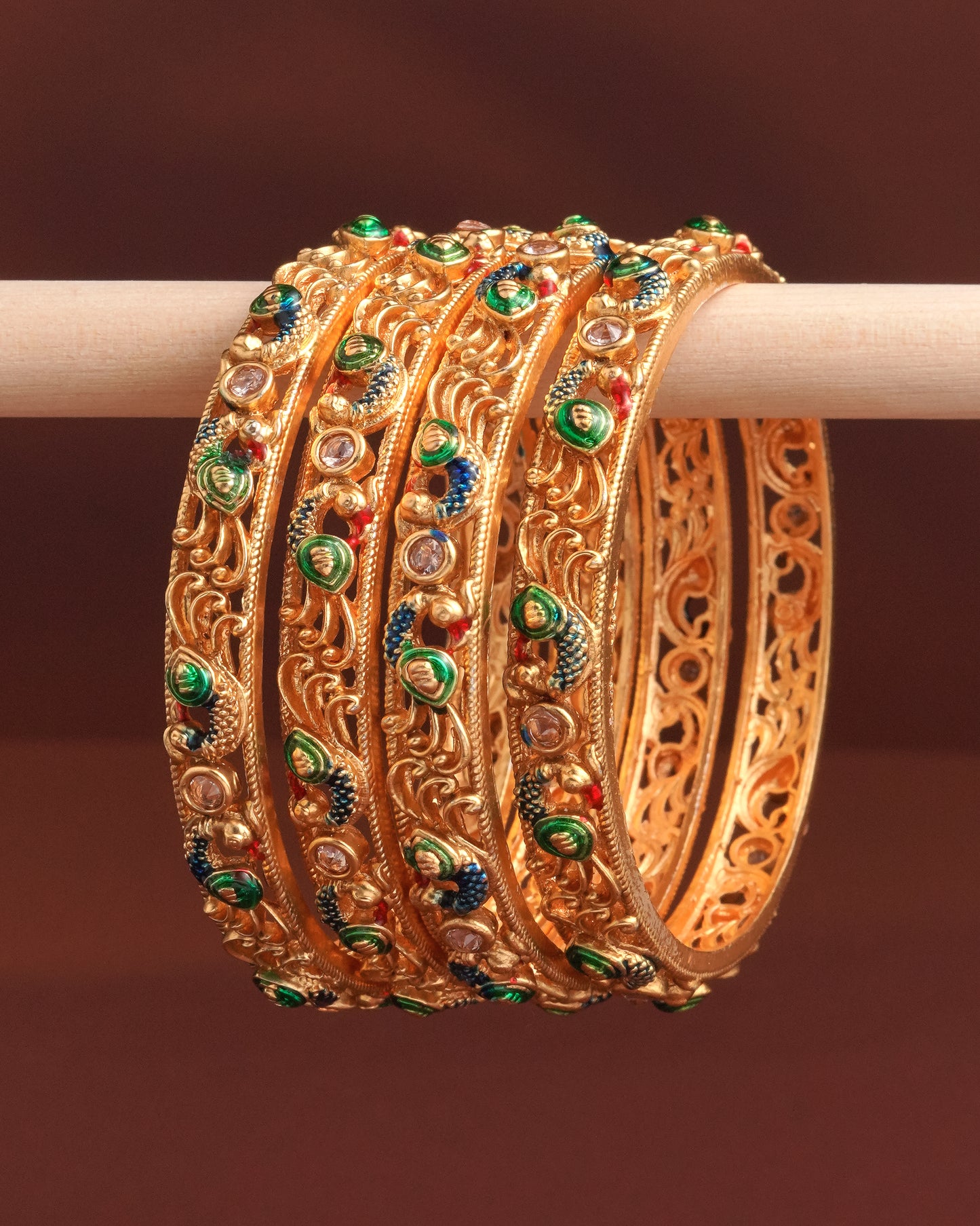 Handcrafted Peacock Motif Bangle Set with Green and Blue Enamel Work - Antique Gold Plated