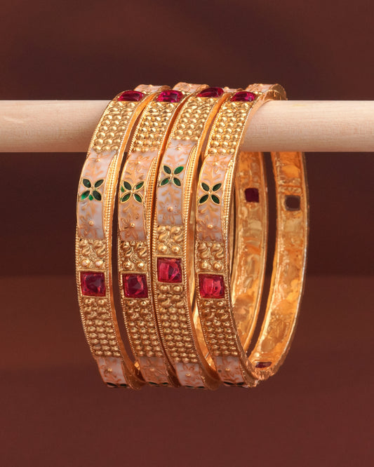 Gold-Plated Enamel Bangles with Ruby Pink Stones - Set of 4