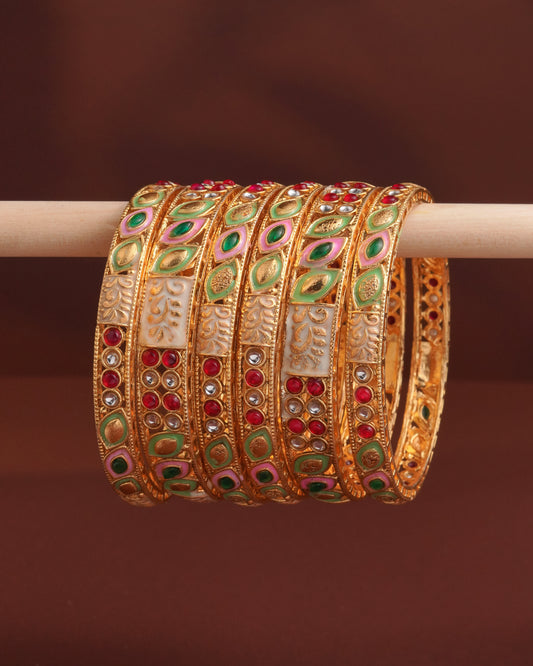 Gold-Plated Meenakari Bangle Set Hand Painted Floral Enamel with Ruby & Emerald Accents (Set of 6)