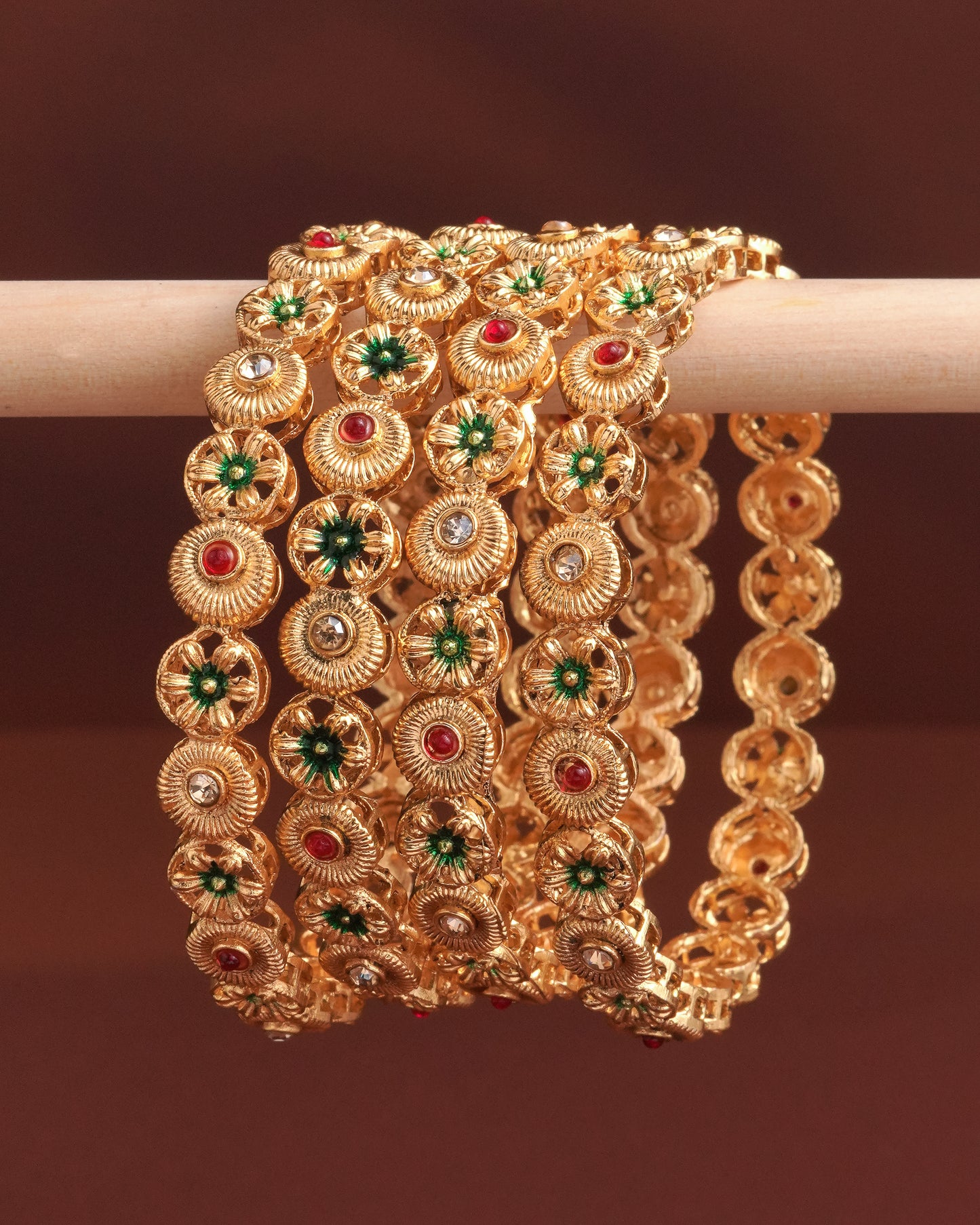 Antique Gold Plated Floral Bangle Set with Red and Green Enamel Accents(Set of 4)