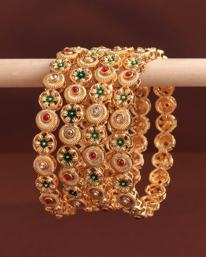 Antique Gold Plated Floral Bangle Set with Red and Green Enamel Accents(Set of 4)