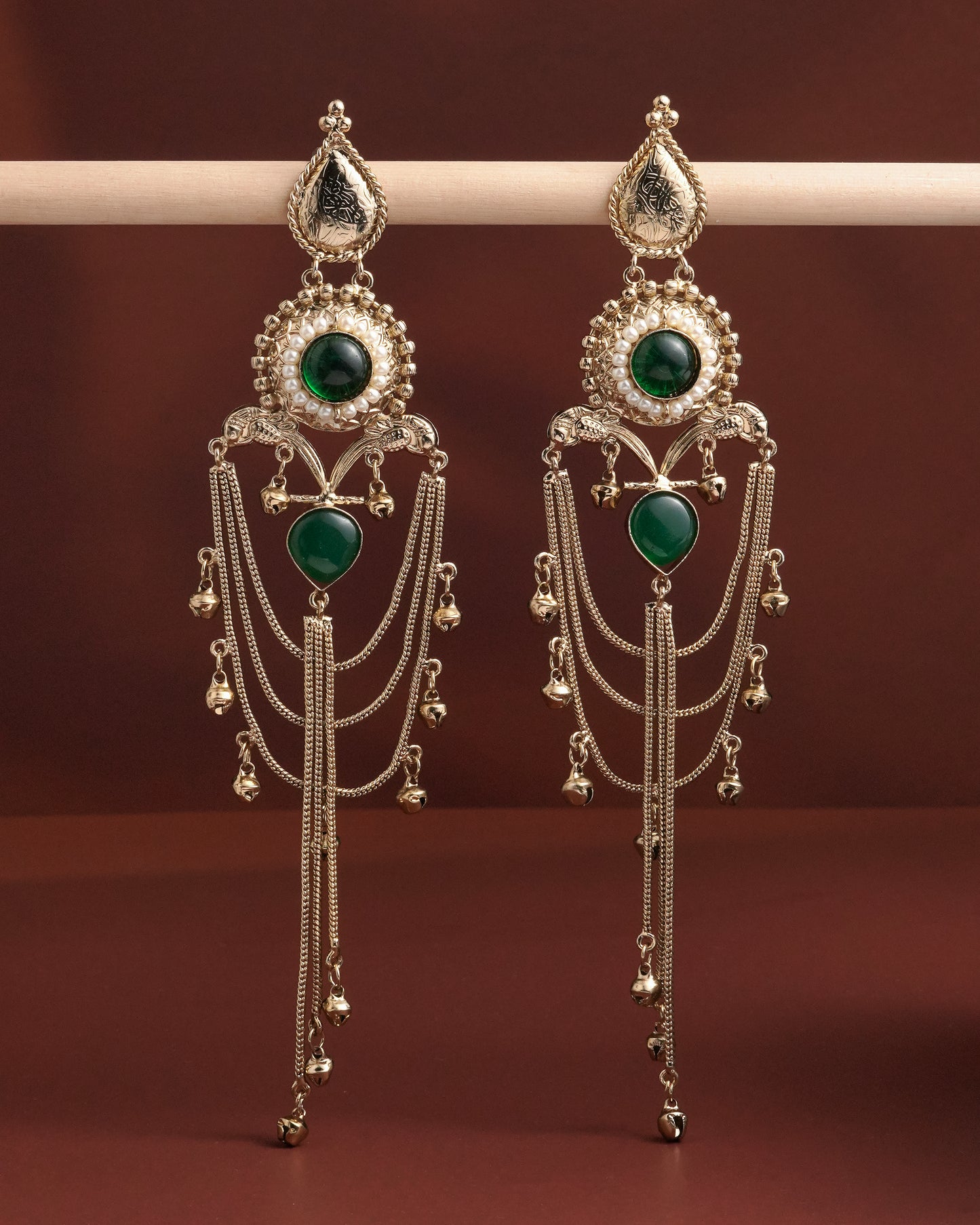 Royal Green Stone Chandbali Earrings with Long Chain Tassels