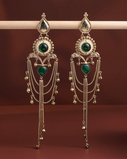 Royal Green Stone Chandbali Earrings with Long Chain Tassels