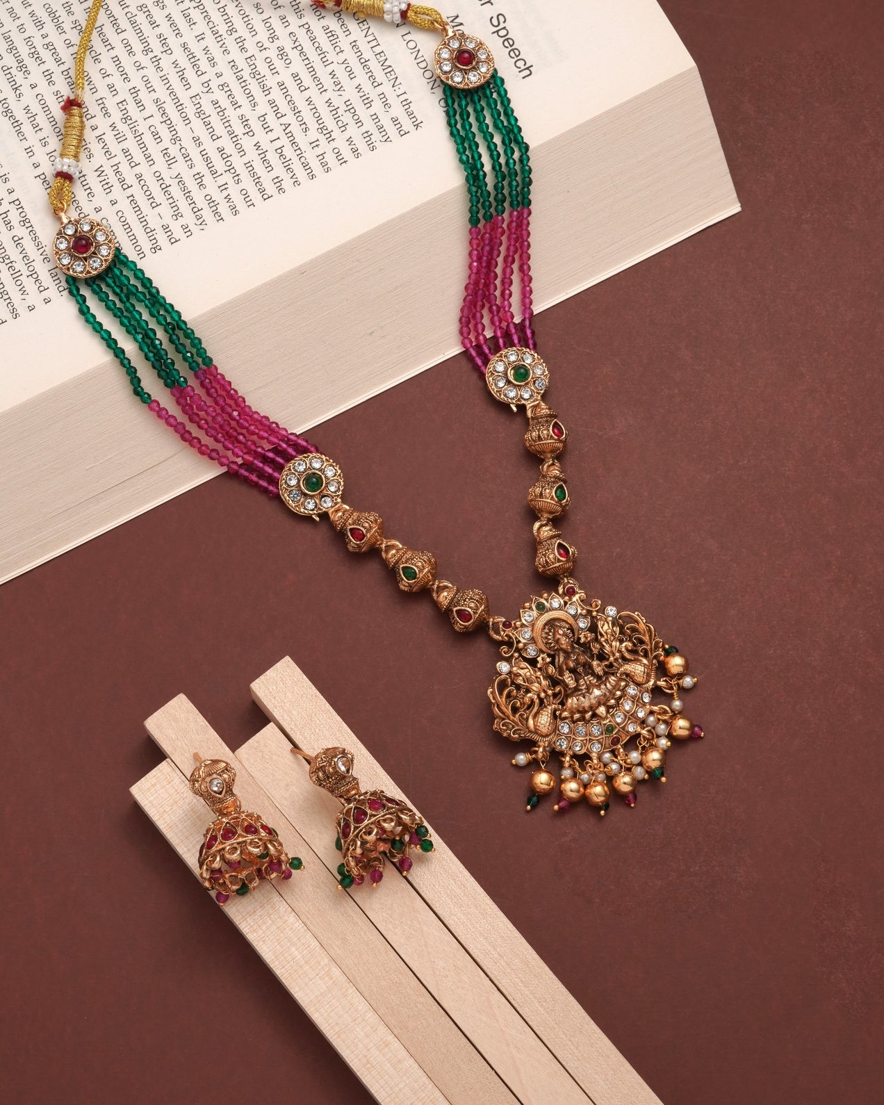 The Goddess Lakshmi Heritage Set: Handcrafted Temple Jewelry Long Haram with Ruby Beads and Traditional Jhumkas