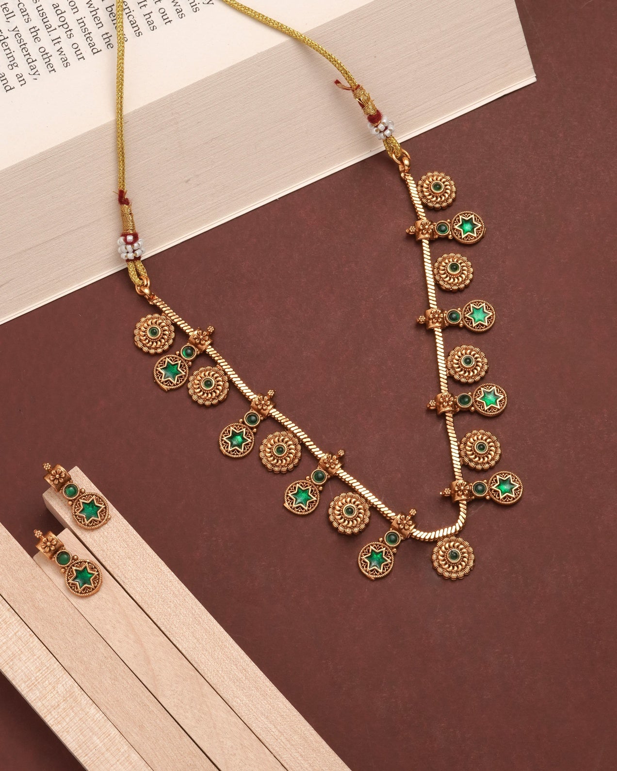 Antique Matte Gold-Plated Choker Necklace with Green Star Stones - Traditional South Indian Addigai Style Set with Matching Drop Earrings