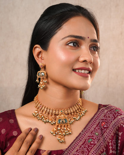 Antique Gold Kundan Necklace Set with Green Enamel Detailing